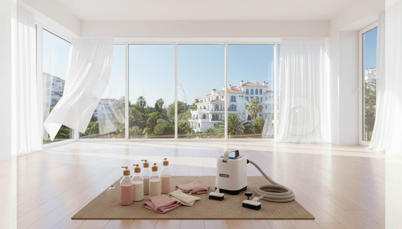 Modern bright living room interior with professional cleaning tools